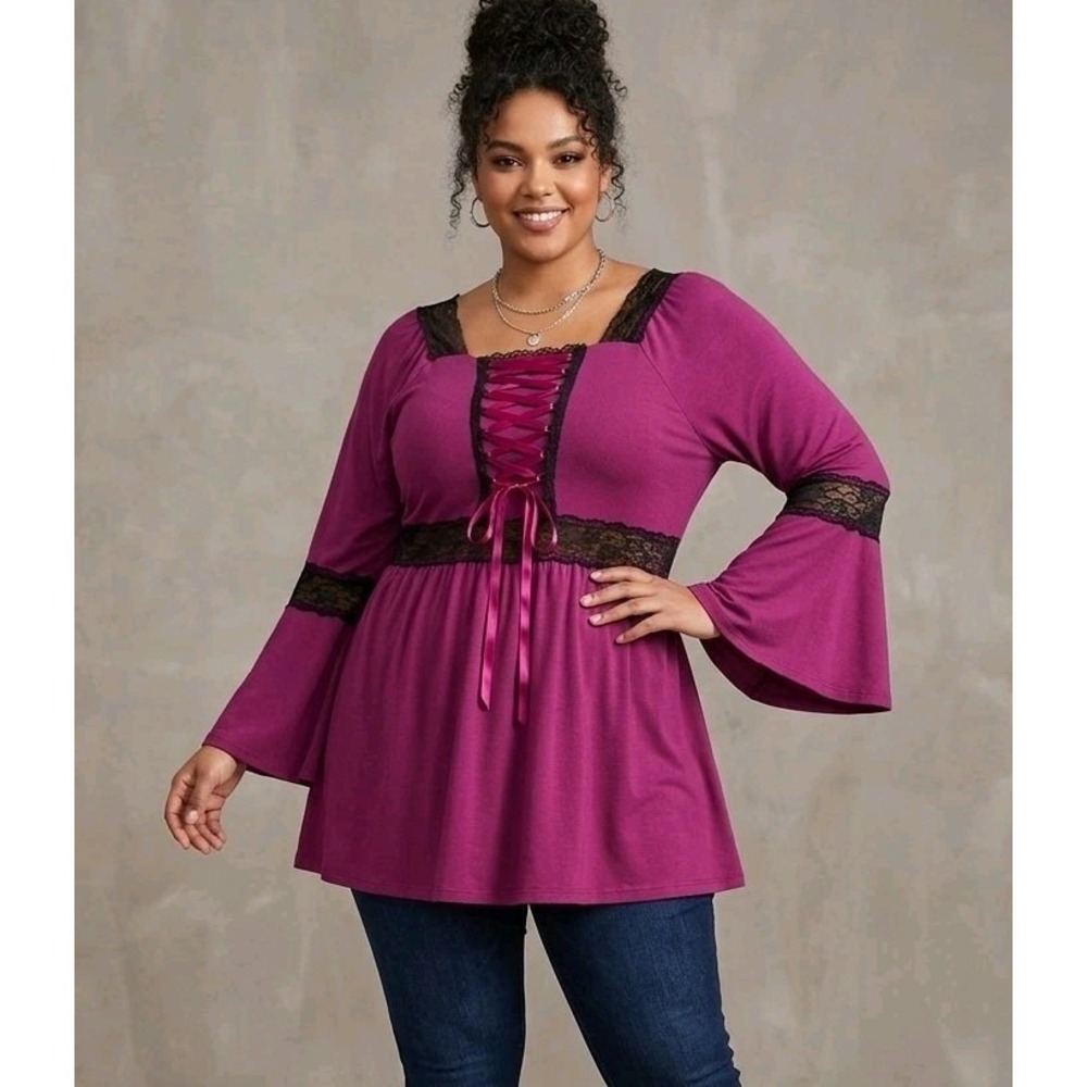 Whimsigoth Magenta Lace-Up Corset Tunic Top Plus Size 4X Bell Sleeve Renaissance